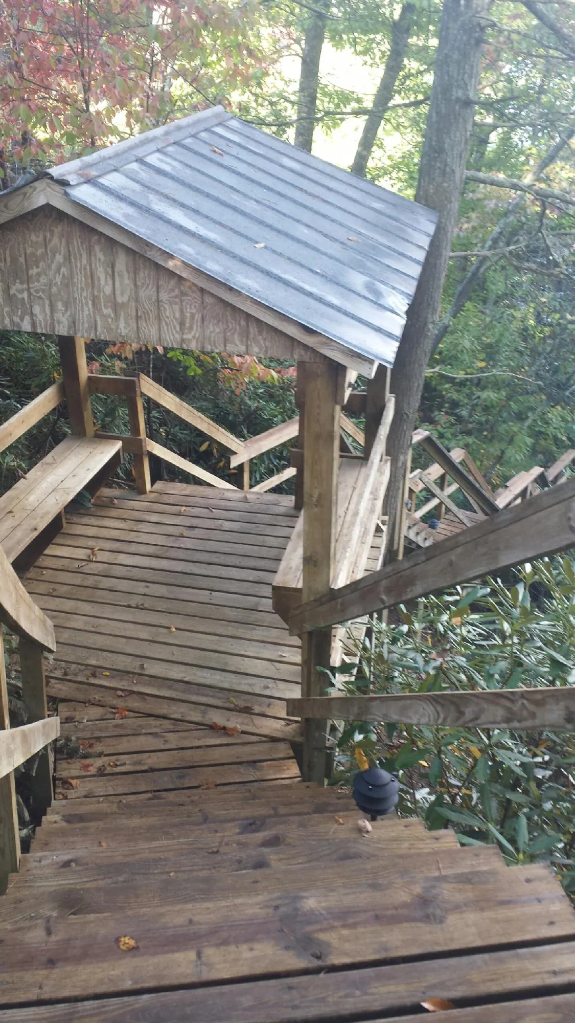 Metal roofed shelter over wooden steps on a wooded walkway — Skylight Repair & Installation work by our crew in Masontown